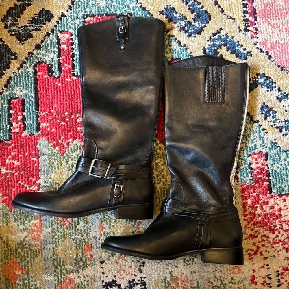 MATISSE NWOB LEATHER BUCKLE DETAILED BACK ZIP RIDING BOOTS BLACK WIDE CALF s9
